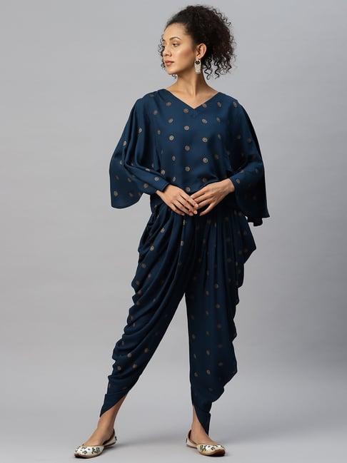 cottinfab navy printed rayon top dhoti pants set