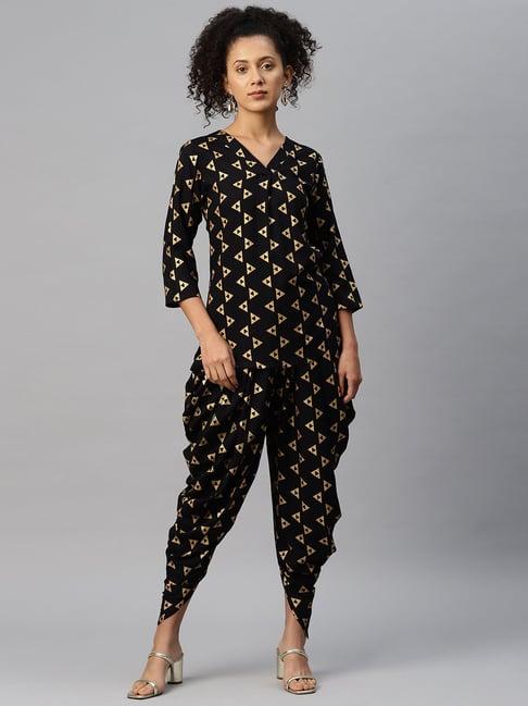 cottinfab black printed rayon top dhoti pants set