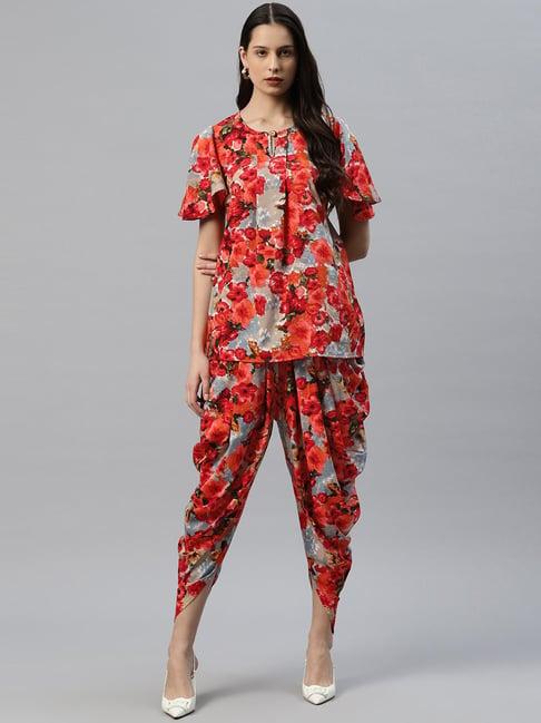 cottinfab red floral print crepe top dhoti pants set