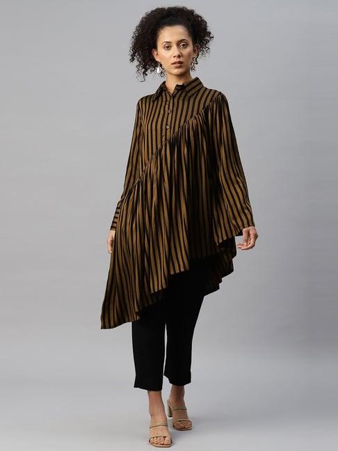 cottinfab brown & black striped rayon tunic pants set