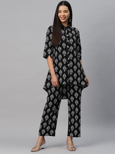 cottinfab black printed crepe tunic pants set