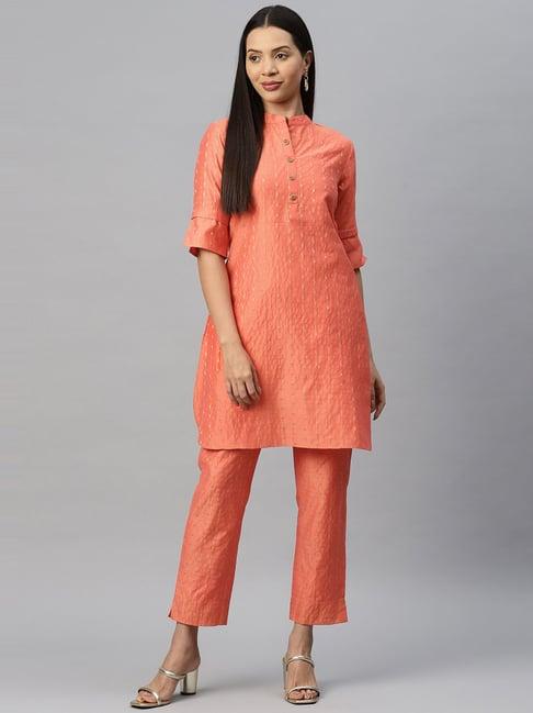 cottinfab orange woven pattern silk blend kurti pant set