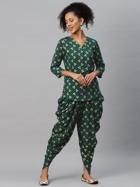 cottinfab green printed rayon top dhoti pants set