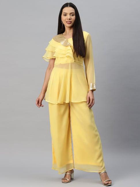 cottinfab yellow embellished georgette tunic palazzo set