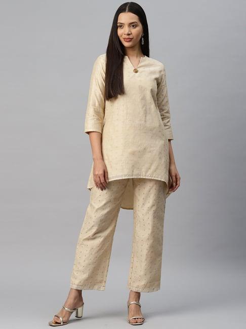 cottinfab beige woven pattern silk blend kurti pant set