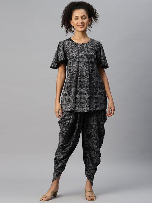 cottinfab grey printed crepe top dhoti pants set