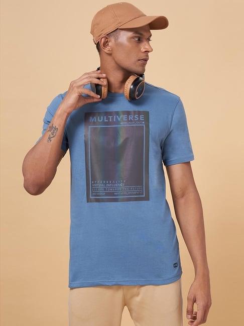 ajile by pantaloons blue cotton slim fit printed t-shirt