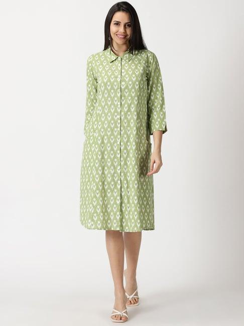 saffron threads pastel green cotton printed shirt dress