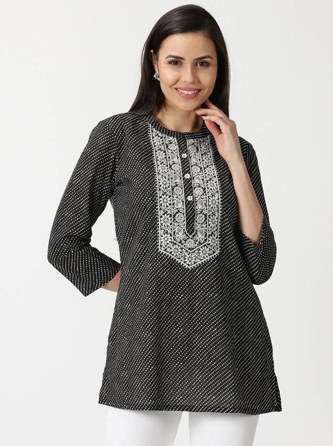 saffron threads black cotton leheriya print tunic