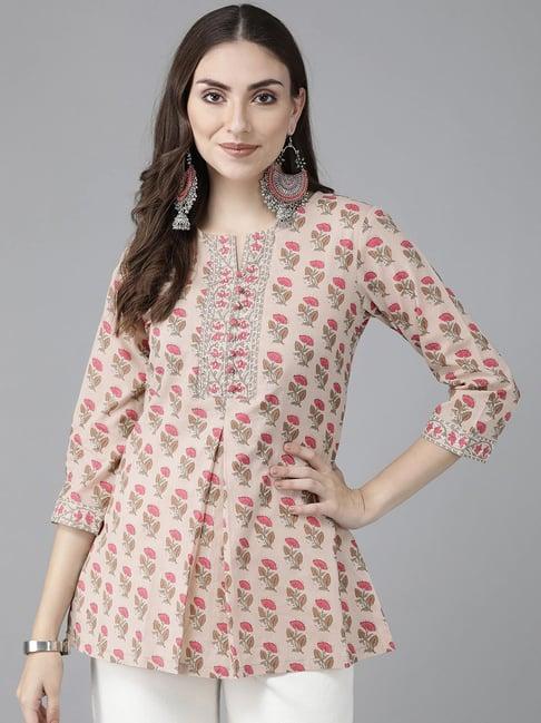 rain and rainbow dusty peach cotton floral print a line kurti