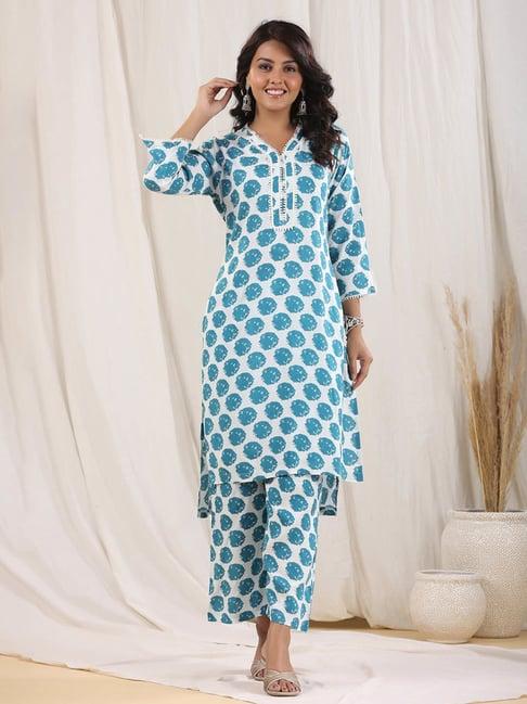 rain and rainbow white & blue cotton printed kurta pant set