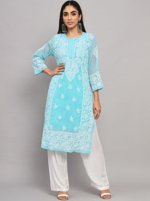 paramount chikan sky blue chikankari straight kurta