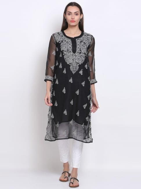 paramount chikan black chikankari straight kurta