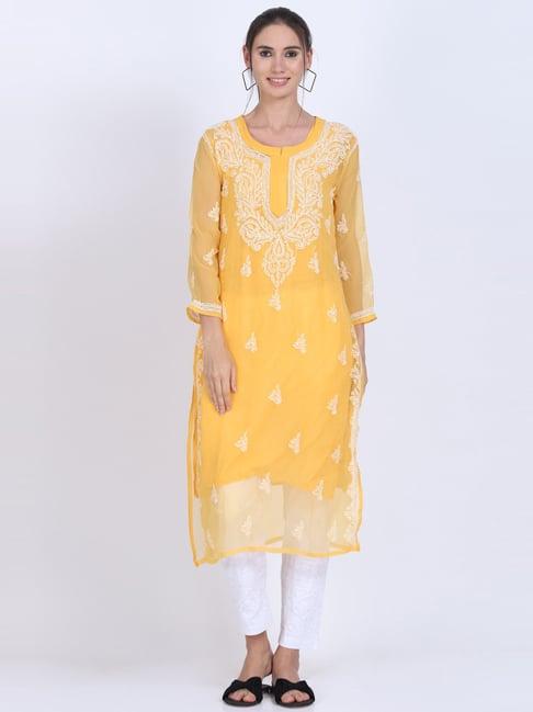 paramount chikan mustard chikankari straight kurta