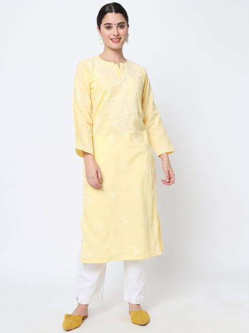 paramount chikan yellow cotton embroidered straight kurta