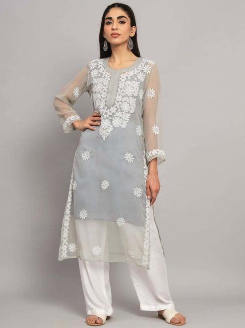 paramount chikan grey chikankari straight kurta with slip