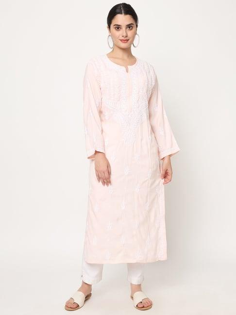 paramount chikan peach embroidered straight kurta