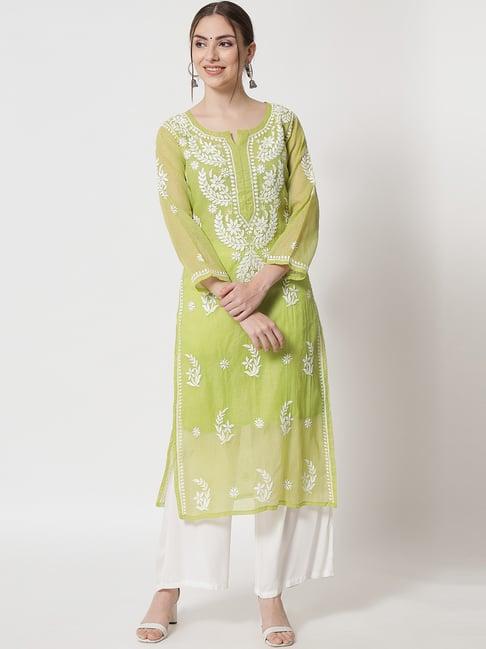 paramount chikan parrot green chikankari straight kurta