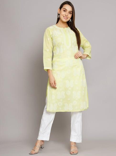 paramount chikan lemon green cotton chikankari straight kurta