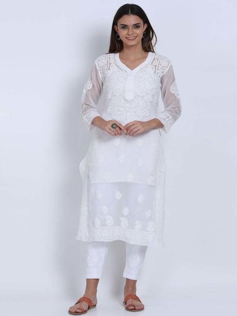 paramount chikan white chikankari straight kurta