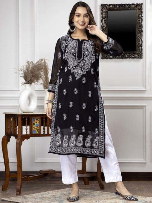 paramount chikan black chikankari straight kurta with slip