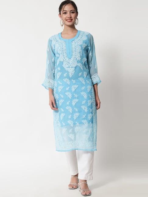 paramount chikan turquoise chikankari straight kurta with slip