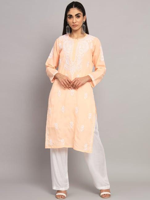 paramount chikan bright peach cotton chikankari straight kurta