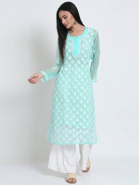 paramount chikan sea green chikankari straight kurta