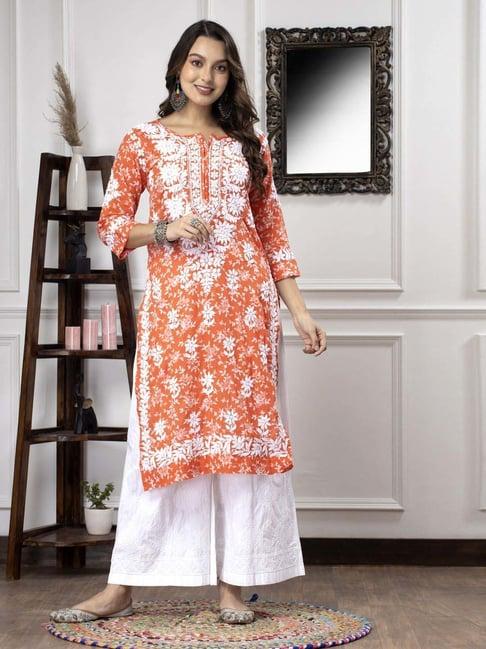 paramount chikan neon orange cotton embroidered straight kurta