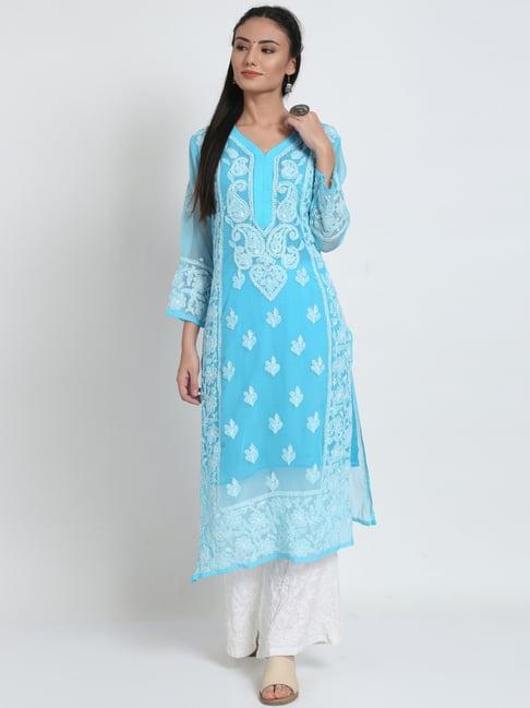 paramount chikan turquoise chikankari straight kurta