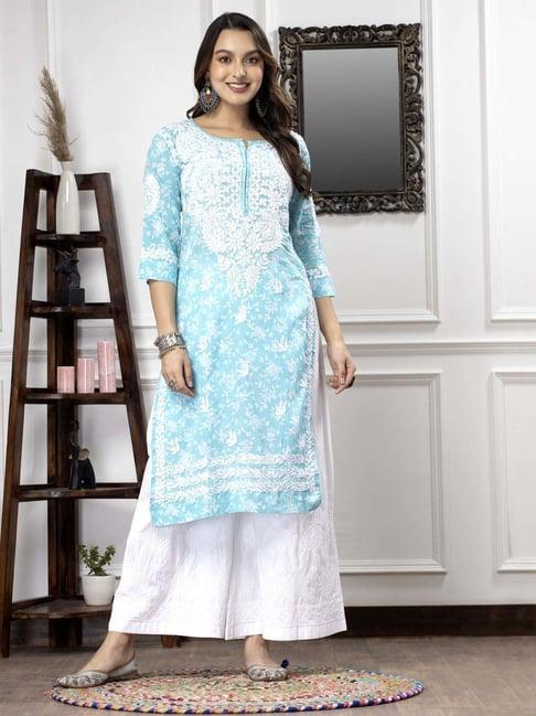 paramount chikan artic blue cotton chikankari straight kurta