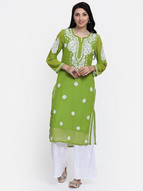 paramount chikan moss green embroidered straight kurta