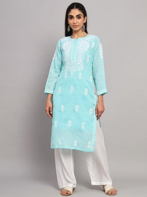 paramount chikan sky blue cotton chikankari straight kurta