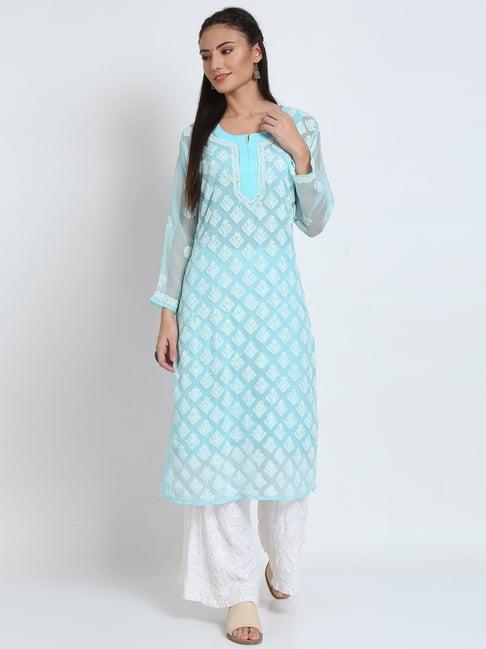 paramount chikan aqua blue chikankari straight kurta