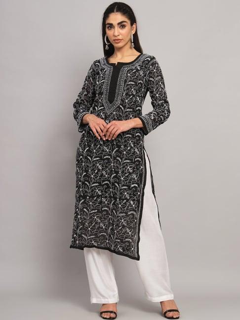 paramount chikan black cotton embroidered straight kurta