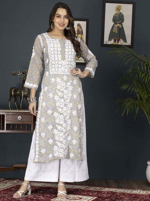 paramount chikan grey cotton chikankari straight kurta