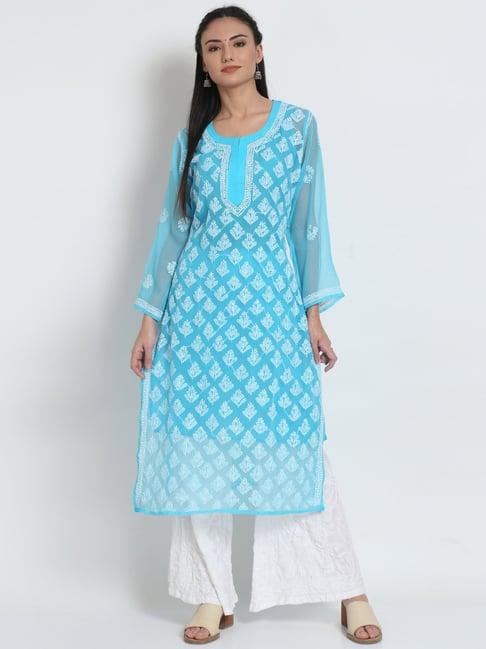 paramount chikan blue chikankari straight kurta