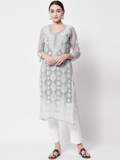 paramount chikan grey chikankari straight kurta