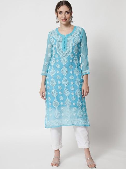 paramount chikan turquoise chikankari straight kurta