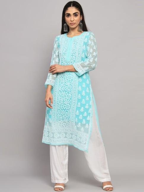 paramount chikan turquoise chikankari straight kurta with slip