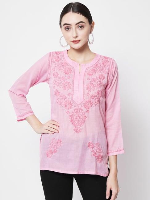 paramount chikan pink cotton embroidered straight short kurti