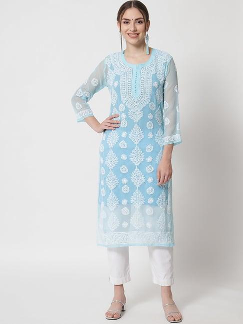 paramount chikan aqua blue chikankari straight kurta