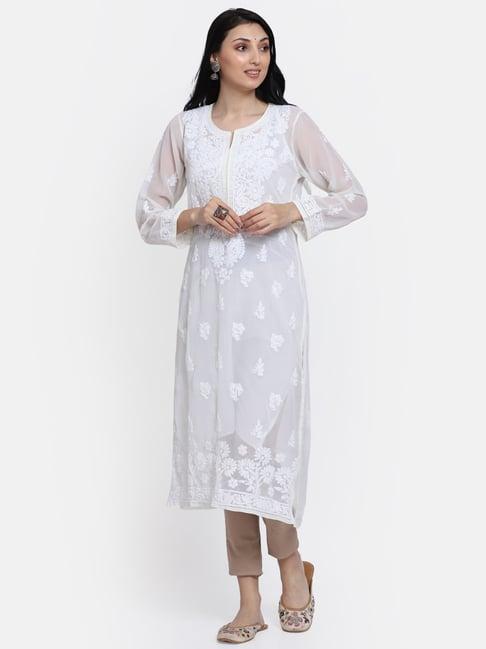 paramount chikan off-white embroidered straight kurta