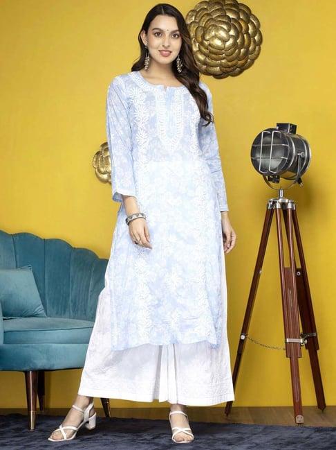 paramount chikan blue cotton chikankari straight kurta