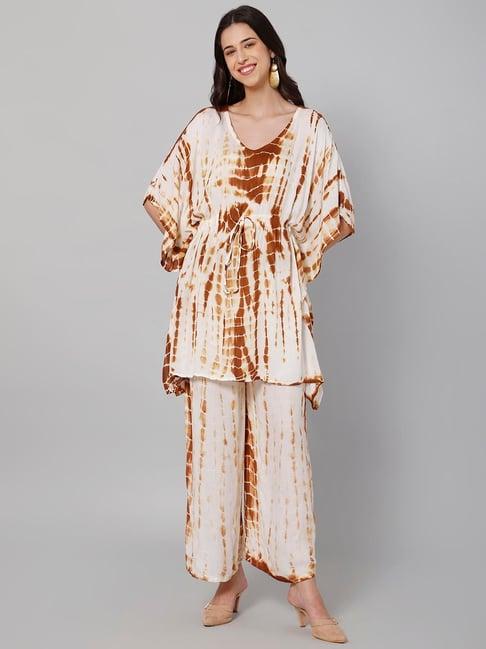 aditi wasan brown & white tie - dye kaftan with palazzo