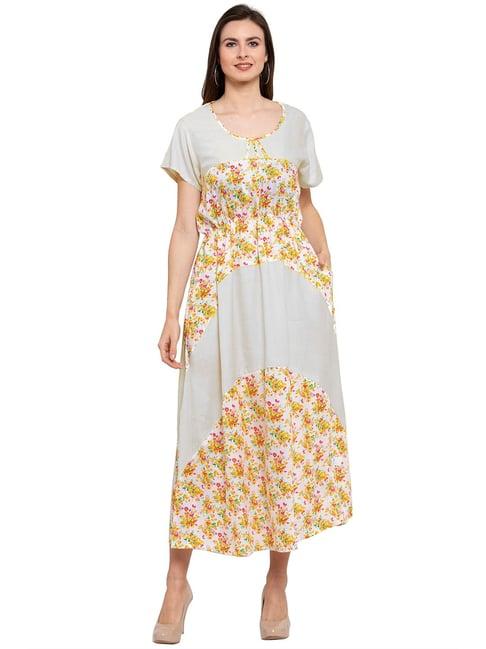 patrorna off white & yellow floral print tulip midi dress