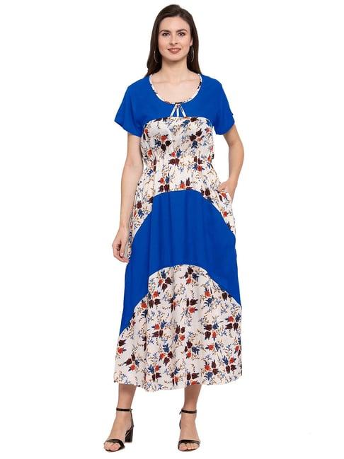 patrorna blue & cream floral print tulip midi dress