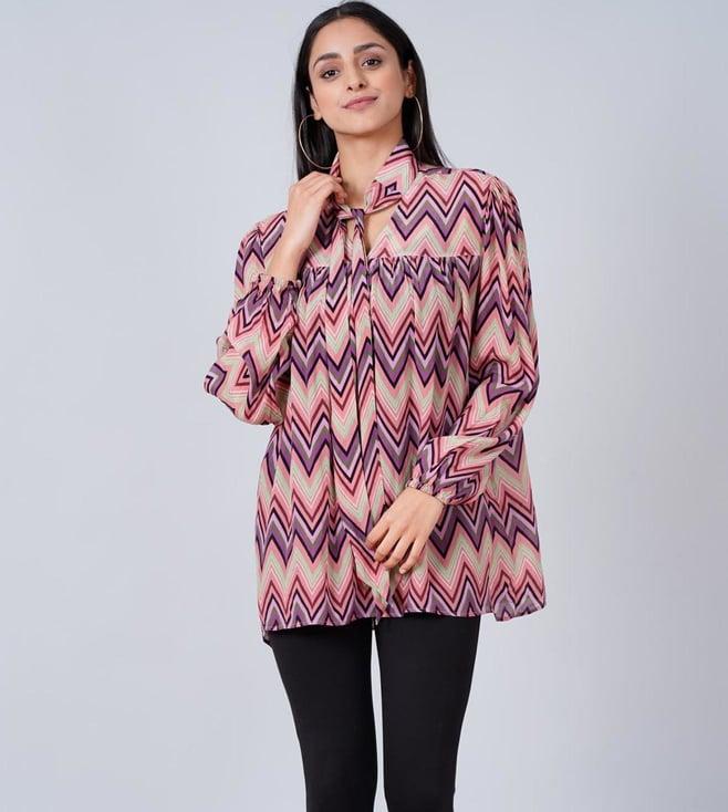 first resort by ramola bachchan peach & mauve tie-neck chevron top