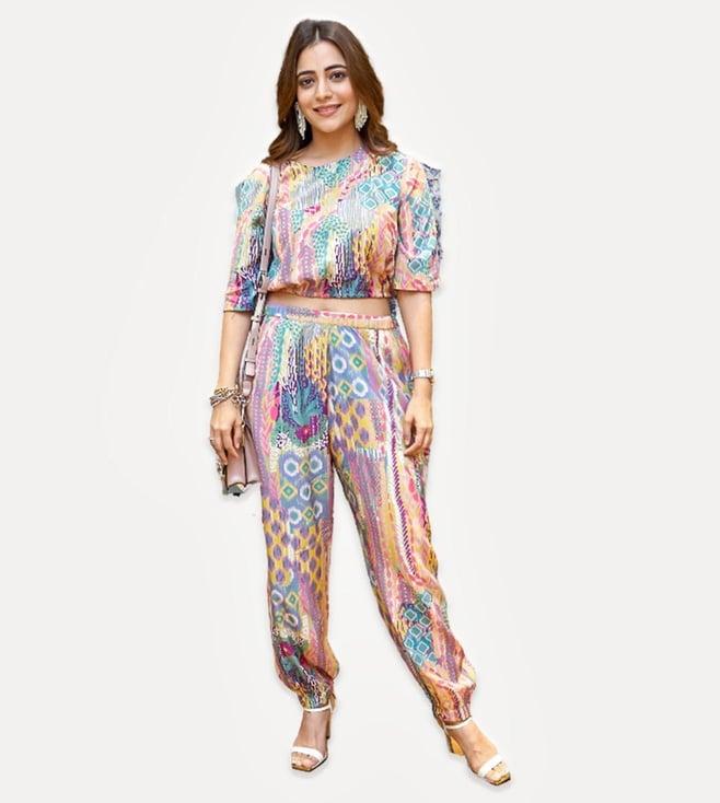 ps pret by payal singhal lime african multi colour print crepe top with jogger pant