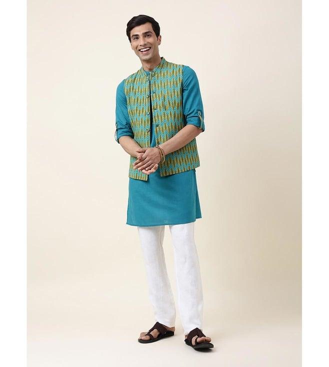 fabindia teal cotton slim fit kurta with jacket